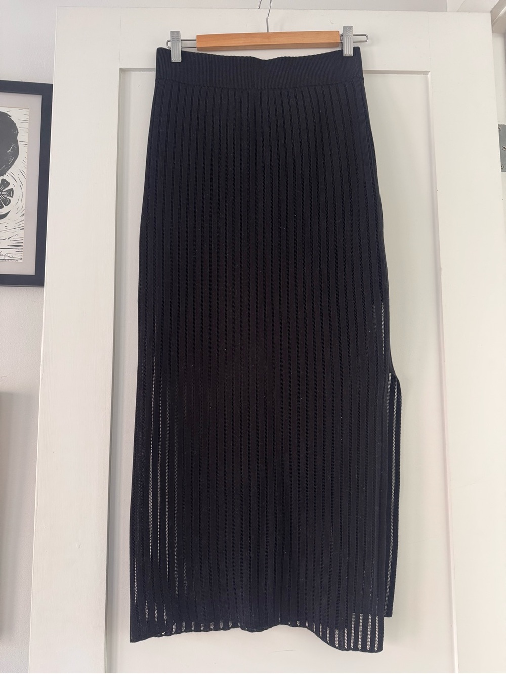 ARGENT Black Ribbed Midi Skirt with Side Slit and sheer bottom